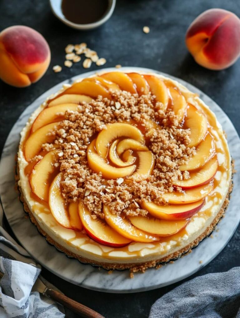 Caramelized Peach Cheesecake with Crumble Topping