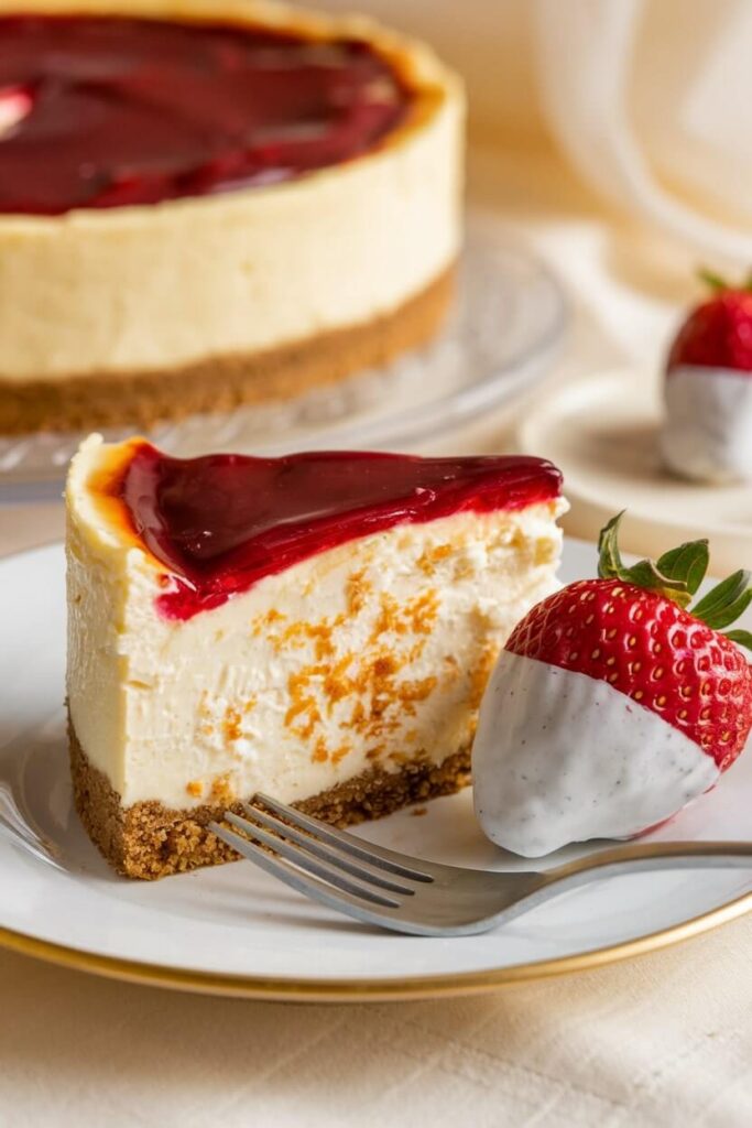 Cheesecake Slice with Strawberry Garnish