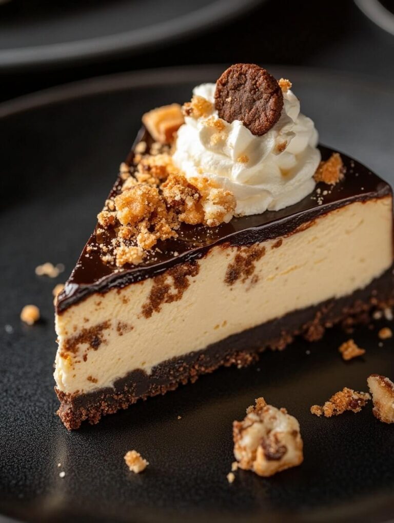 Cheesecake slice with glossy chocolate topping and cookie crumble