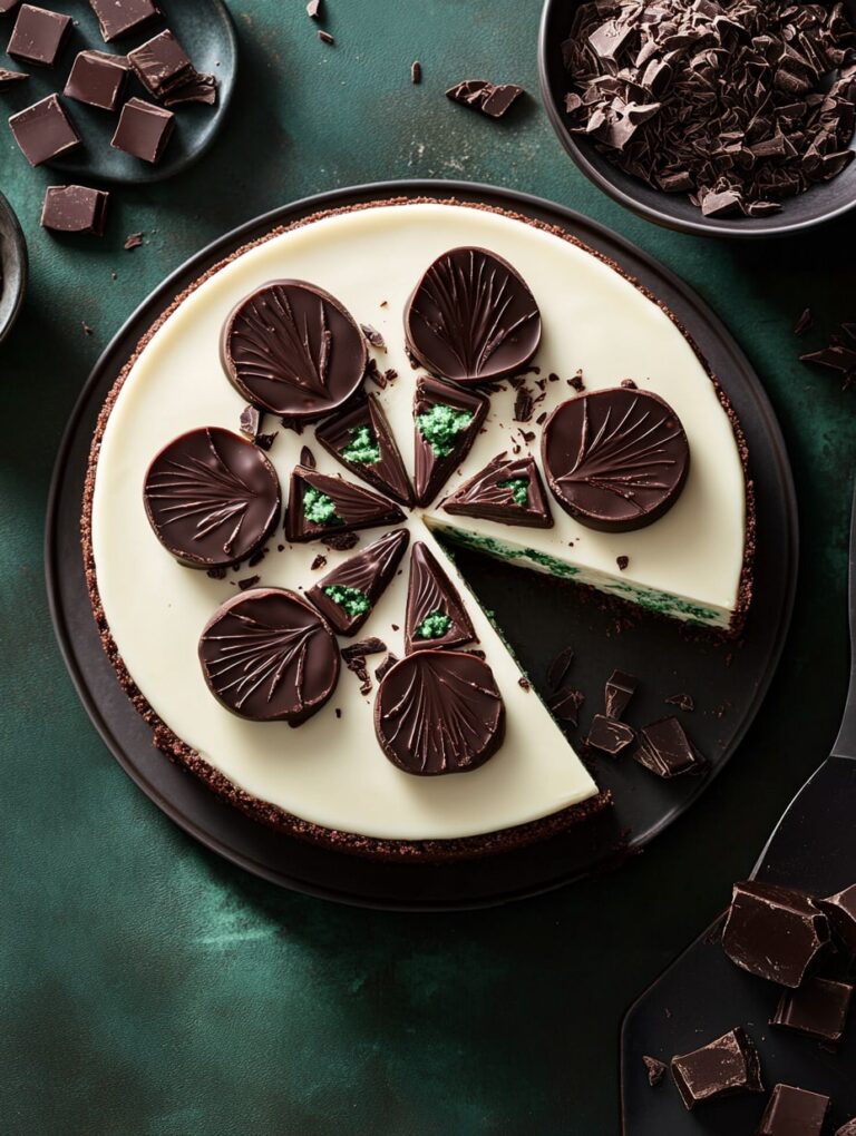 Cheesecake topped with chocolate disks and green mint filling