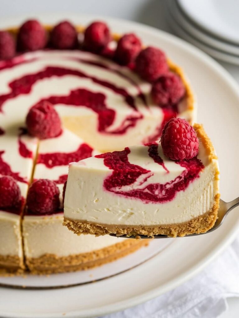 Cheesecake with Raspberry Spiral Topping