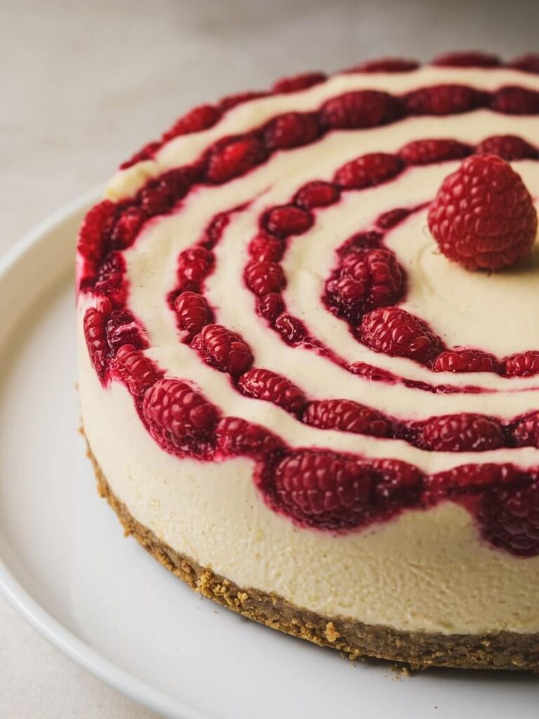 Close-Up of Cheesecake with Raspberry Garnish