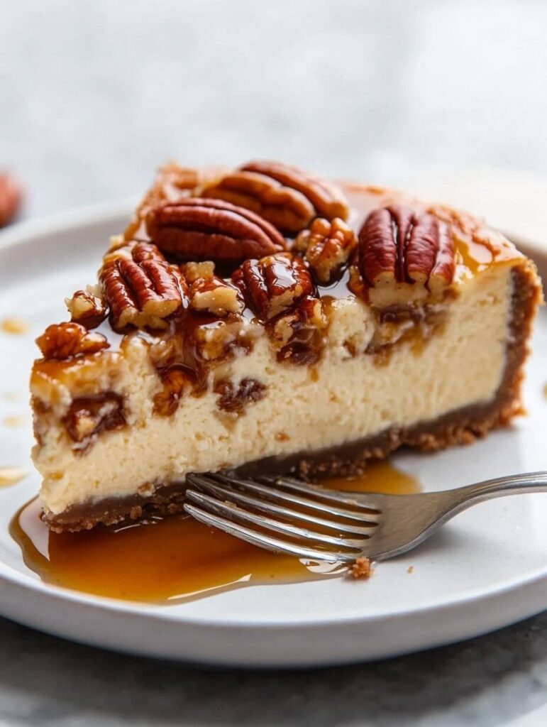 Close-up of a fork cutting into a slice of pecan caramel cheesecake