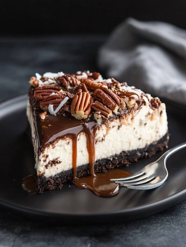 Close-up of a pecan cheesecake slice with chocolate drizzle