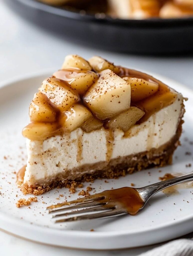 Close-up slice of caramel apple cheesecake