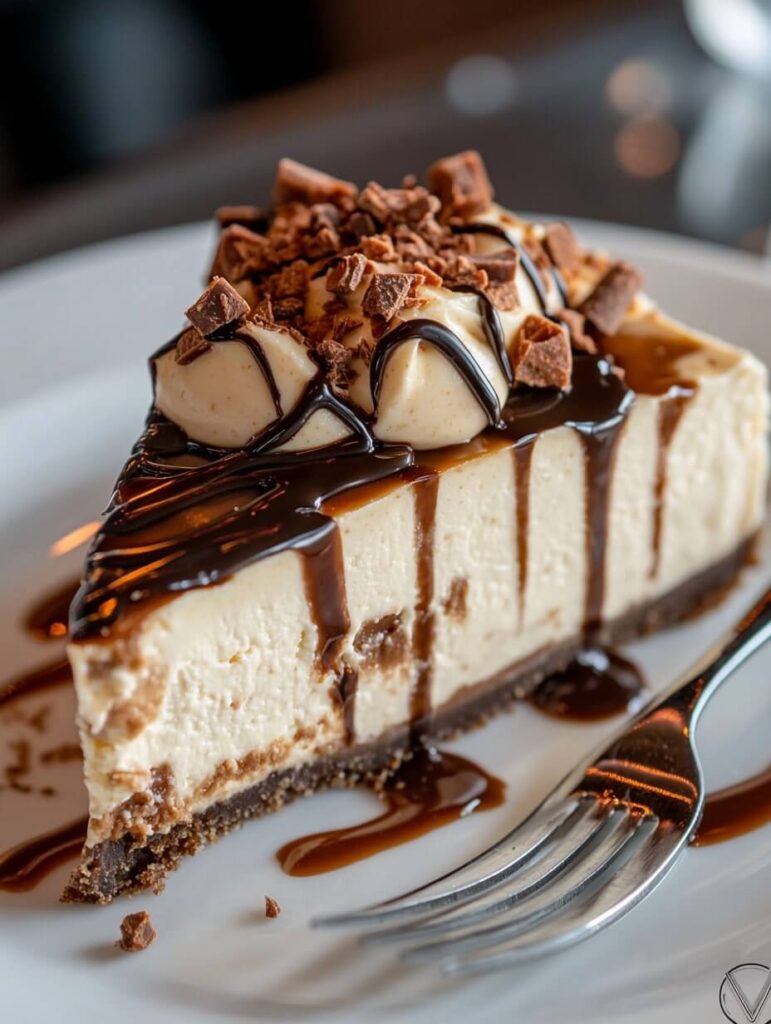 Close-up slice of chocolate caramel cheesecake with drizzle