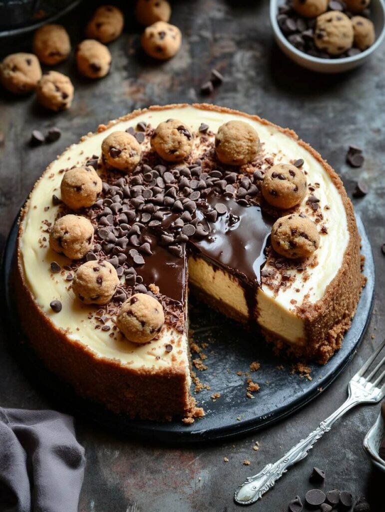 Cookie Dough Cheesecake with Chocolate Chips Overhead View