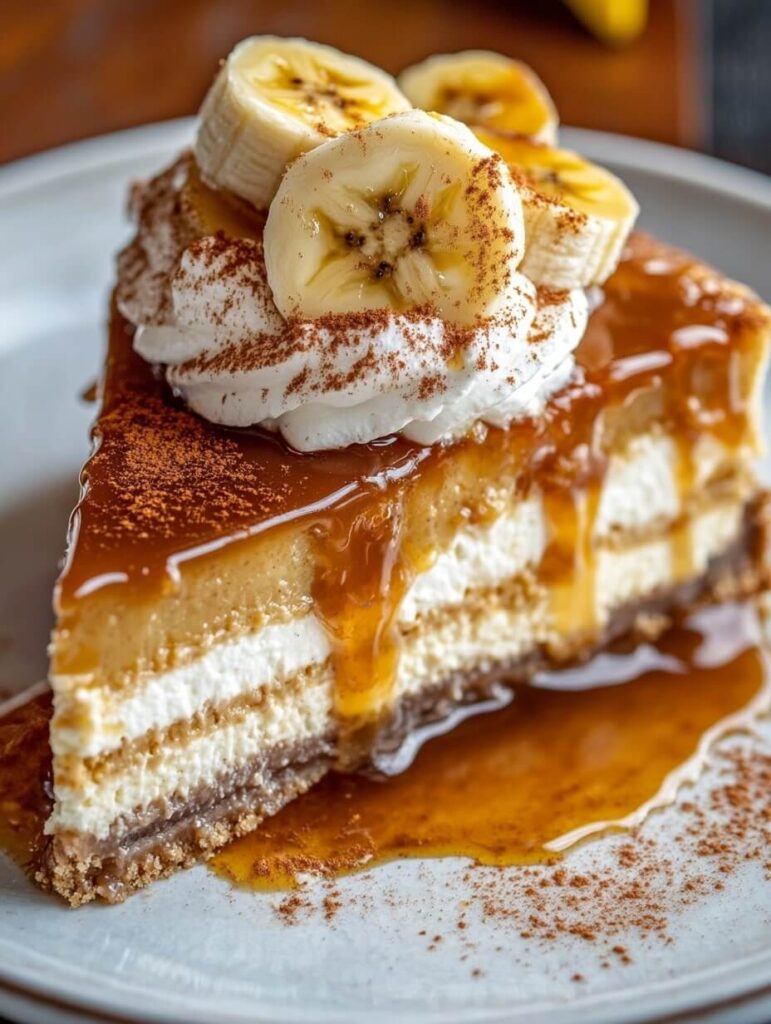 Decadent Layered Bananas Foster Cheesecake Slice