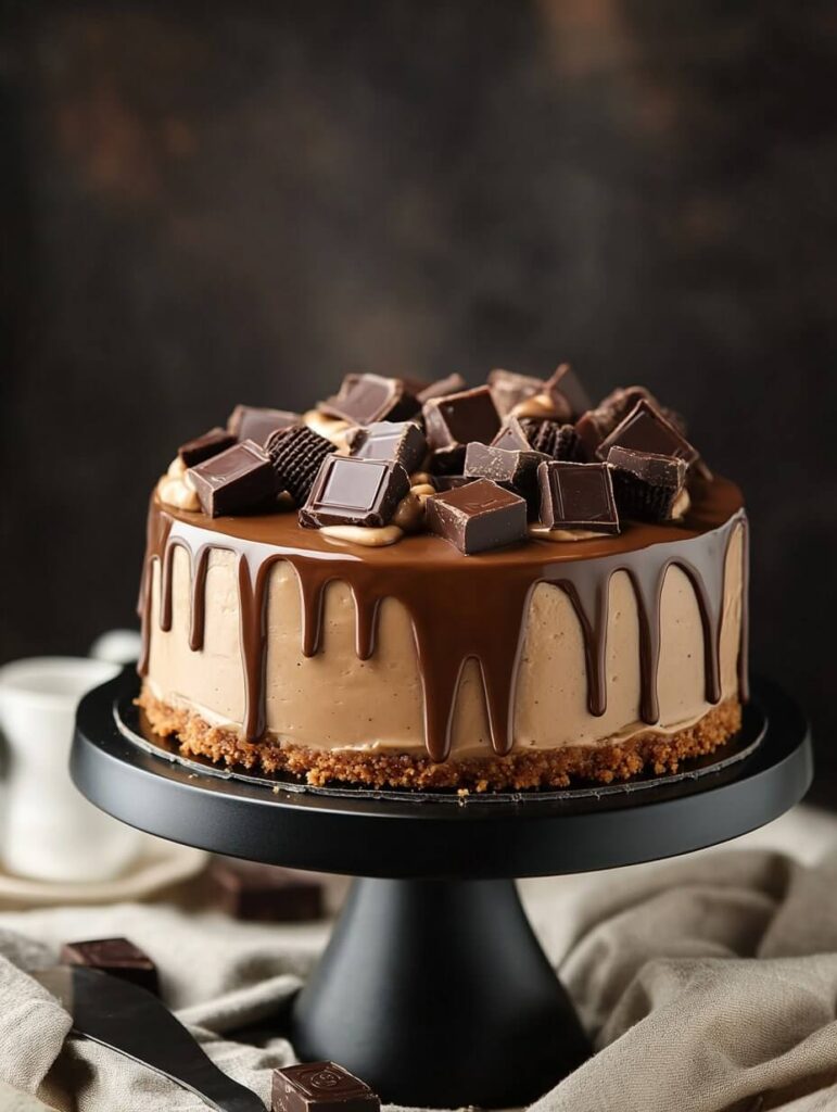 Decadent chocolate-drizzled cheesecake with chocolate chunks