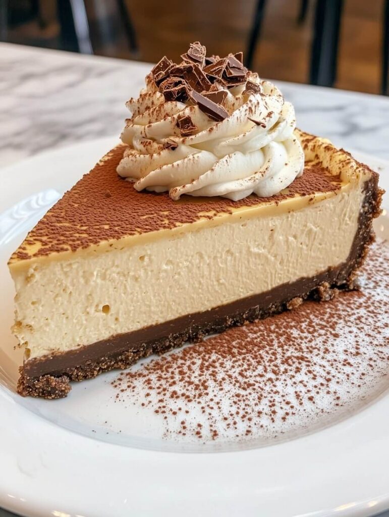 Espresso Cheesecake slice with chocolate shavings