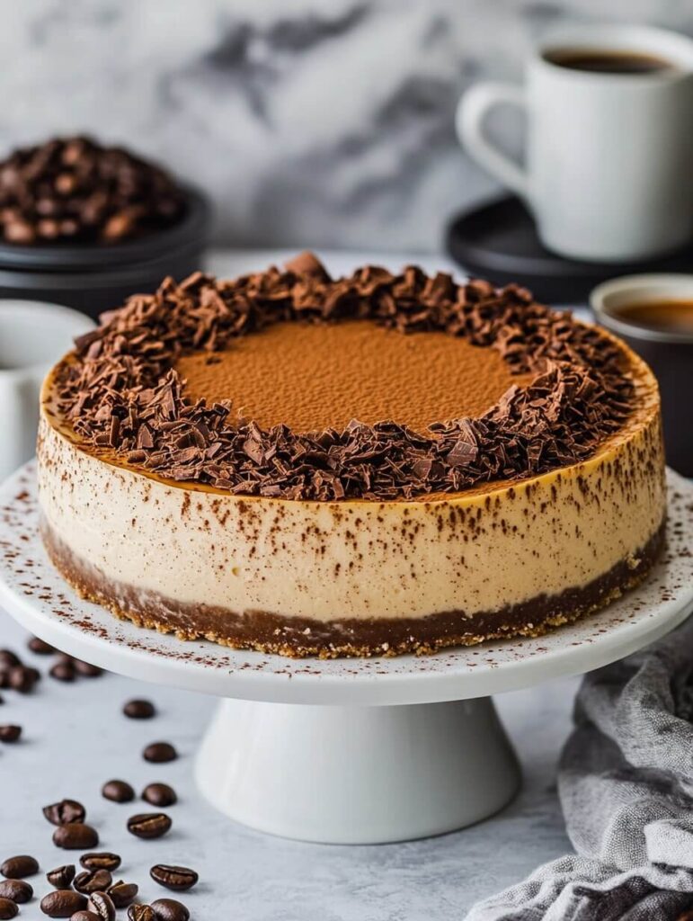 Espresso Cheesecake with chocolate shavings and coffee beans