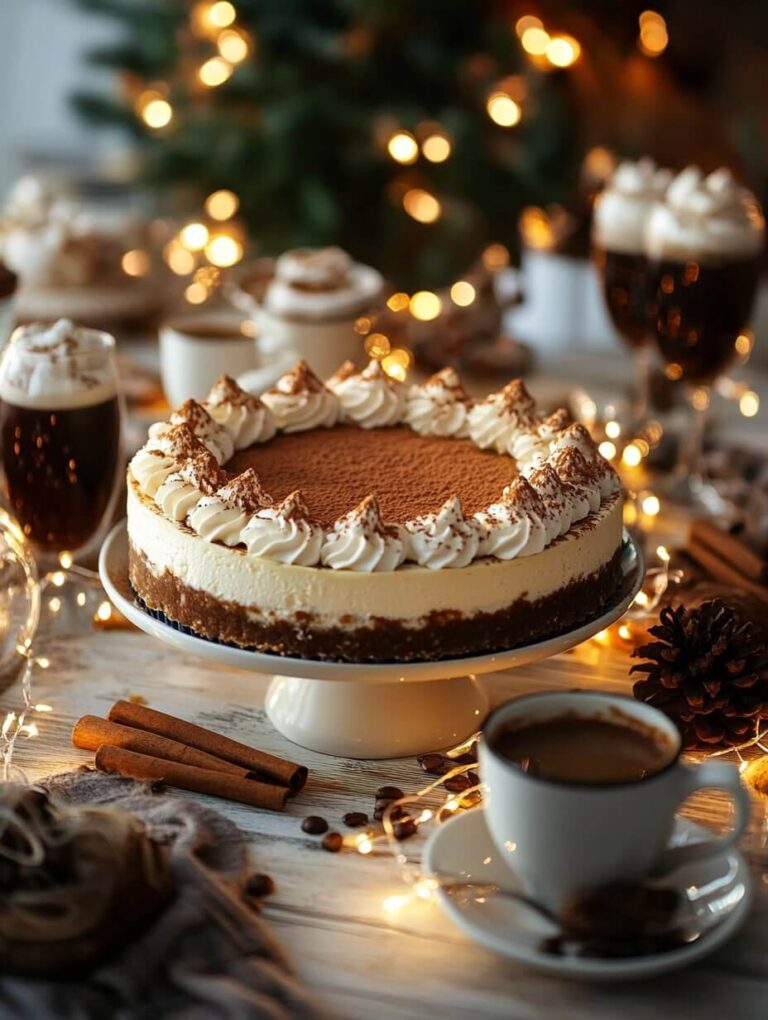 Festive Tiramisu Cheesecake with holiday lights