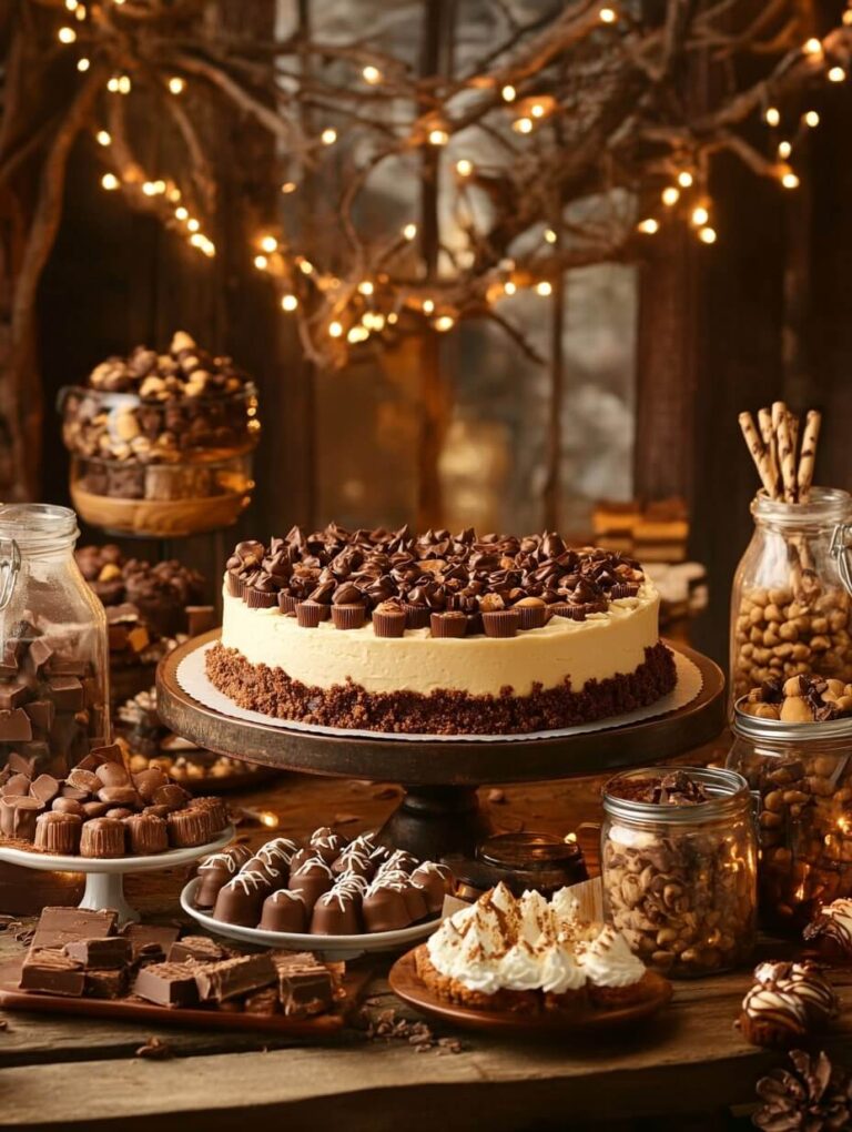 Festive dessert table featuring a chocolate peanut butter cheesecake