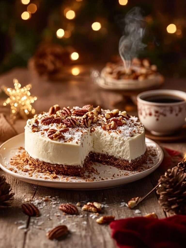 Festive holiday dessert table with cheesecake and warm lights