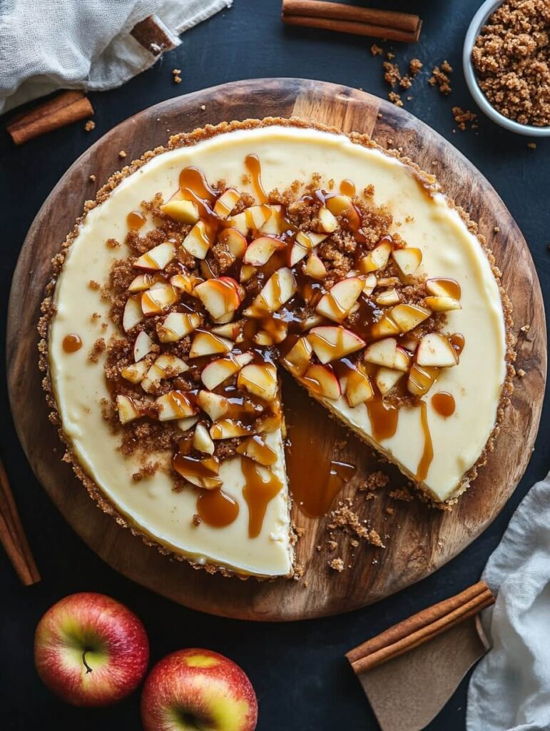 Flat-lay caramel apple cheesecake with drizzle