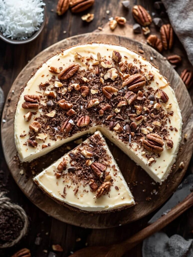 Flat-lay view of a pecan and coconut cheesecake with a slice removed