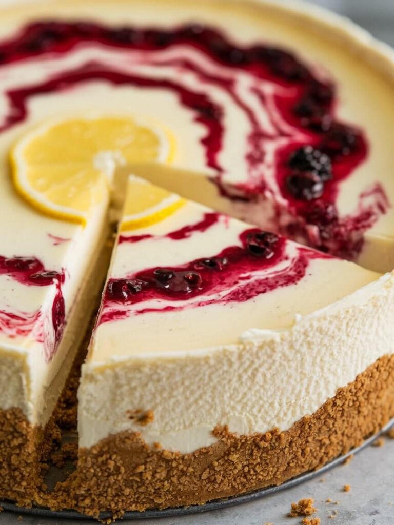 Lemon Berry Swirl Cheesecake Slice