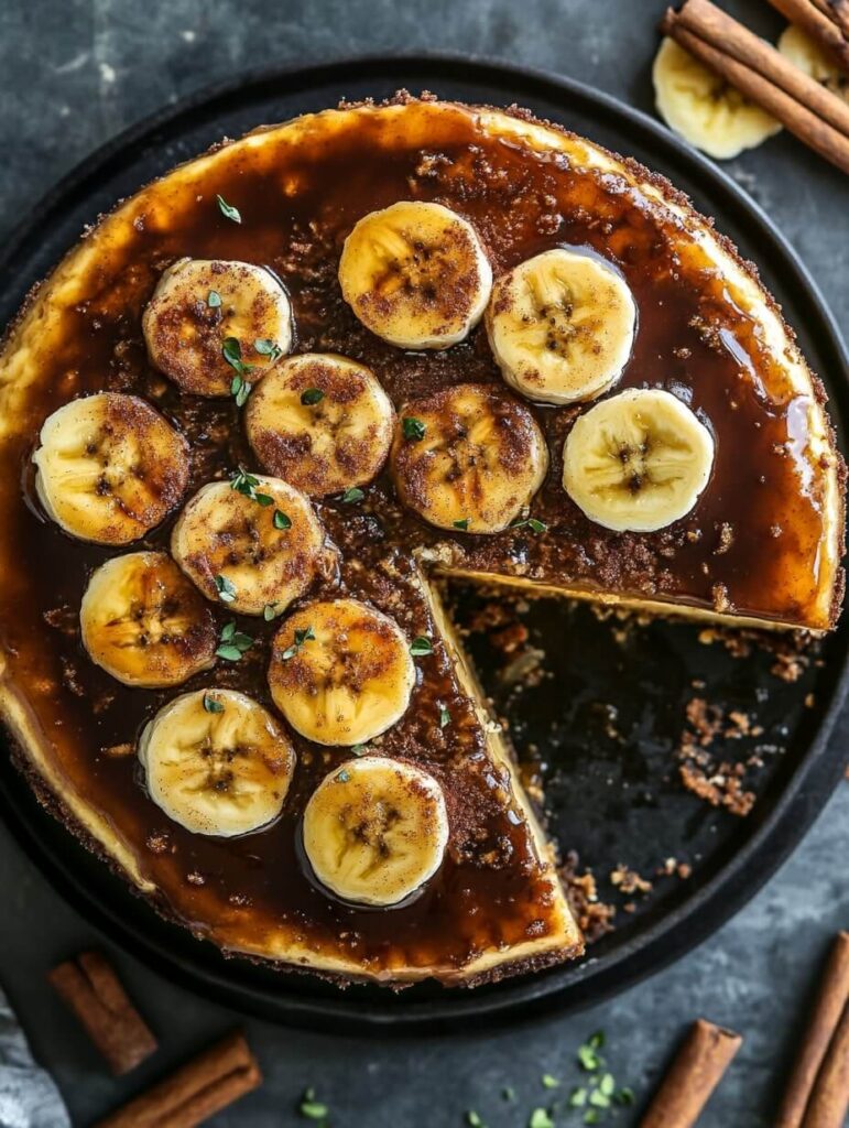 Overhead View of Bananas Foster Cheesecake