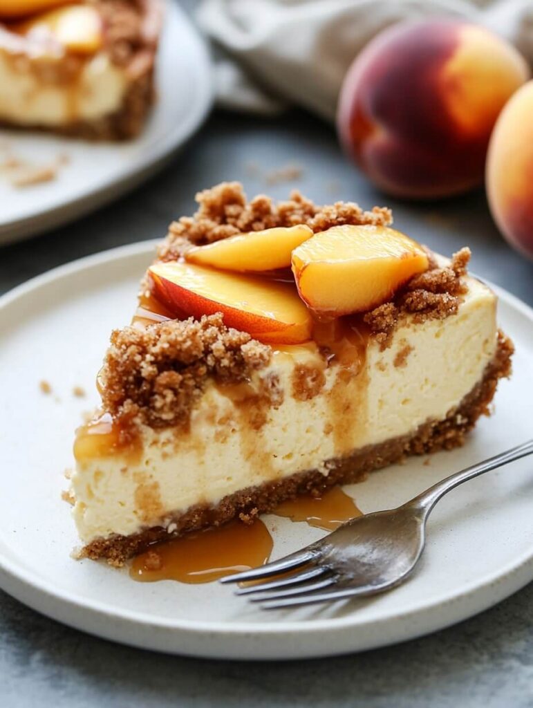 Peach Crumble Cheesecake Slice with Caramel Drizzle