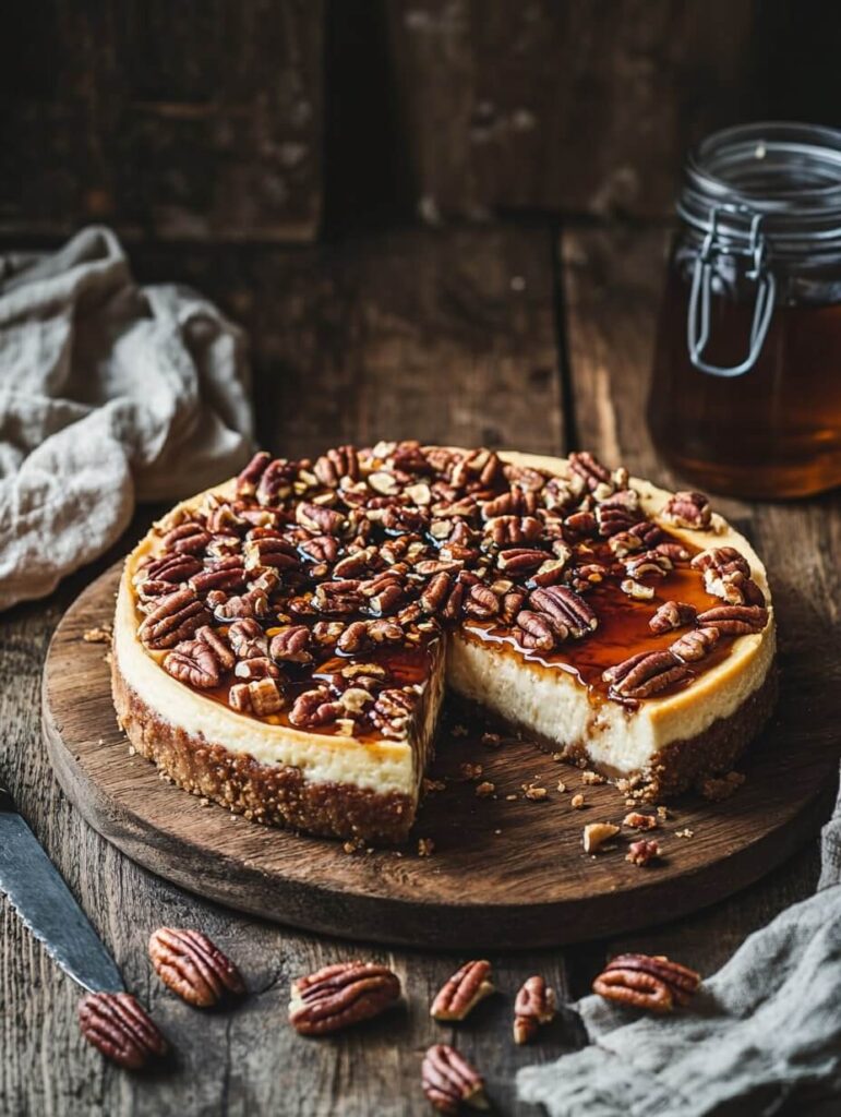 Rustic presentation of pecan caramel cheesecake with a missing slice