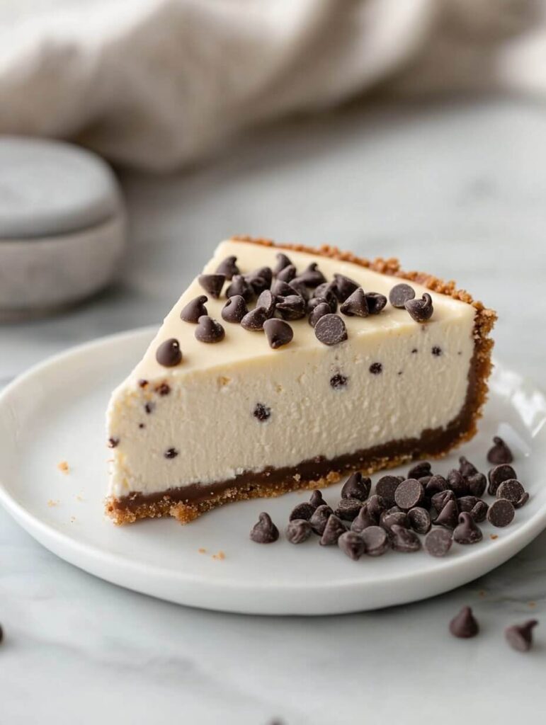 Single slice of cheesecake garnished with chocolate chips on a plate