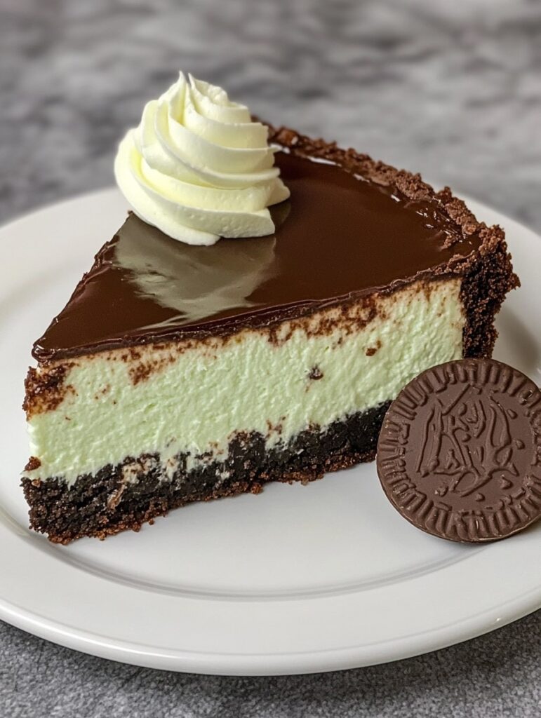 Single slice of mint cheesecake with chocolate crust and whipped cream