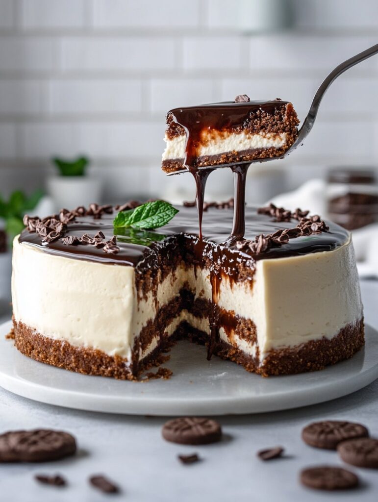 Slice of chocolate mint cheesecake being lifted from a whole cheesecake