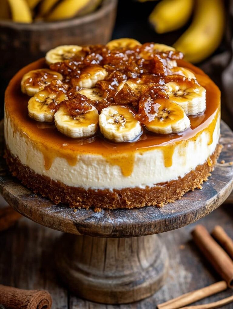 Whole Bananas Foster Cheesecake with Caramel Drizzle