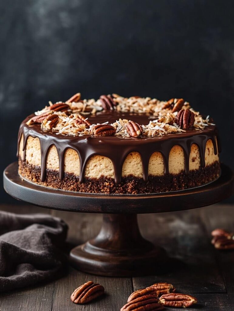 Whole German Chocolate Cheesecake with chocolate drizzle and pecans on a rustic stand