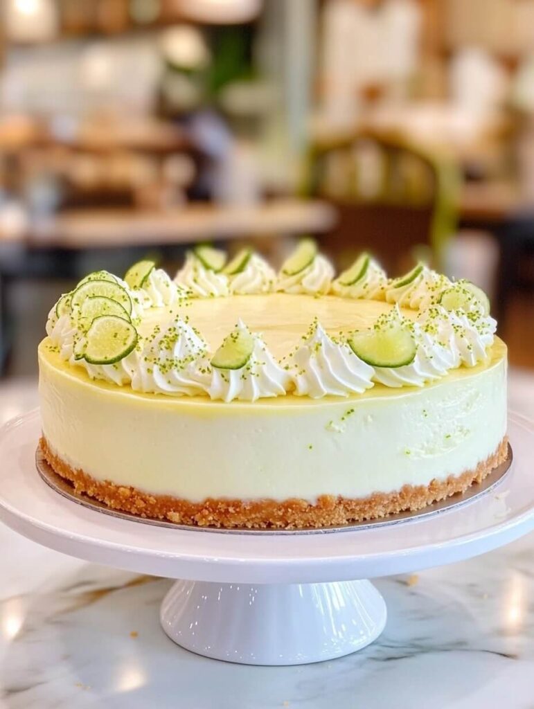 Whole Key Lime Cheesecake with Whipped Cream and Lime Slices on a Cake Stand