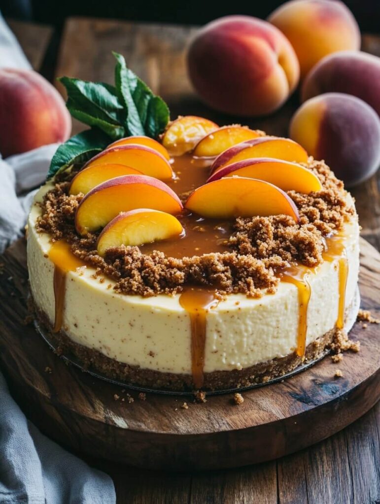 Whole Peach Caramel Cheesecake with Crumble