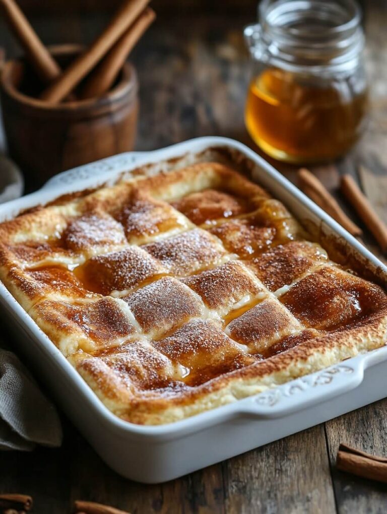 Whole Sopapilla Cheesecake in a baking dish drizzled with honey