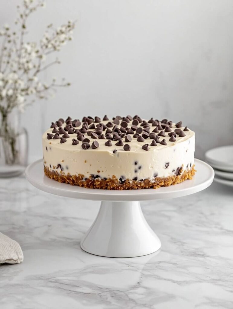 Whole chocolate chip cheesecake with cookie crust on a cake stand