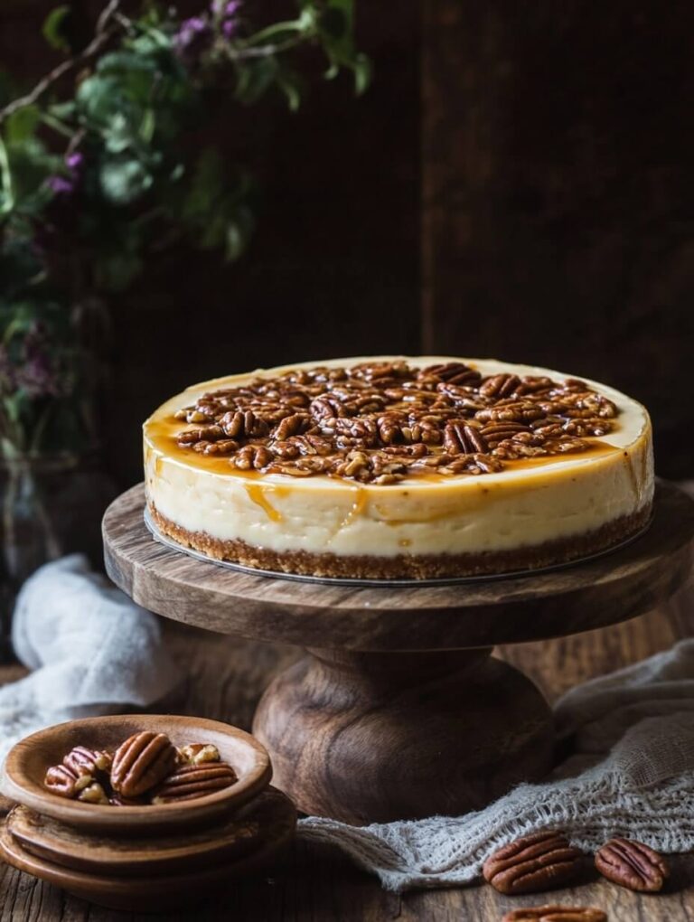 Whole pecan caramel cheesecake on a wooden pedestal