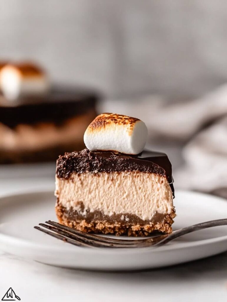 bite of s'mores cheesecake with graham crust and marshmallow