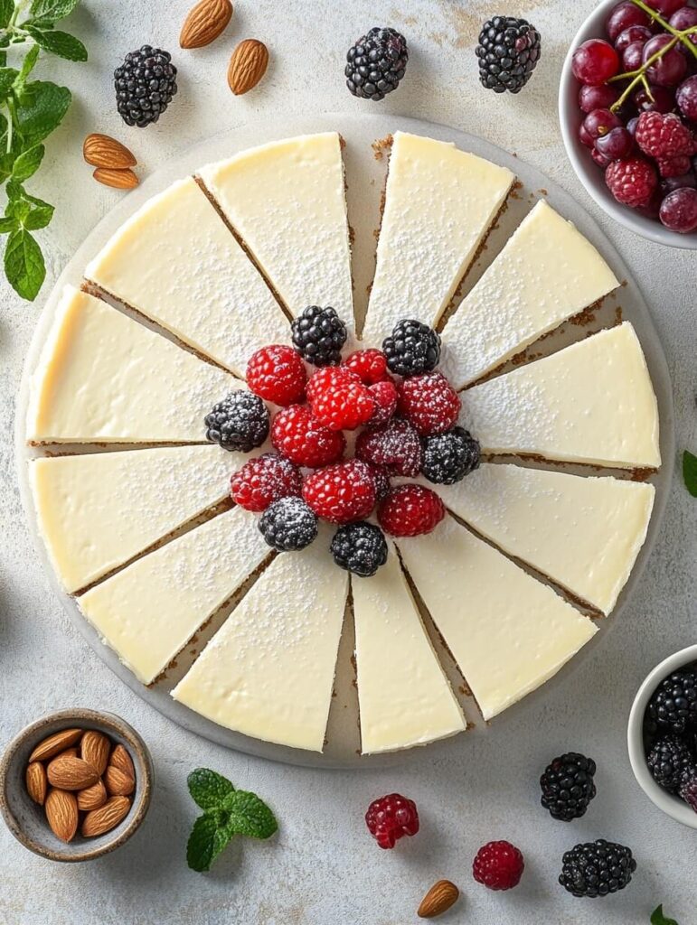 cheesecake cut into slices with powdered sugar and mixed berries