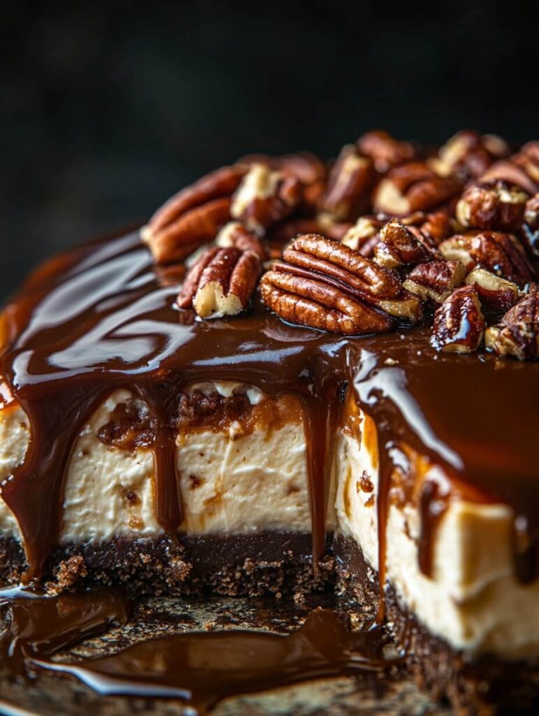 close-up of turtle cheesecake toppings with caramel and pecans