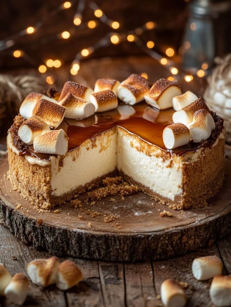 cross-sectional view of s'mores cheesecake with caramel layer