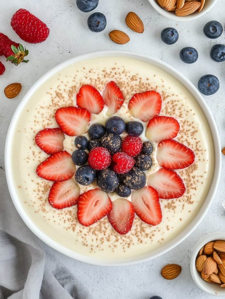 overhead view of cheesecake bowl with fresh berries