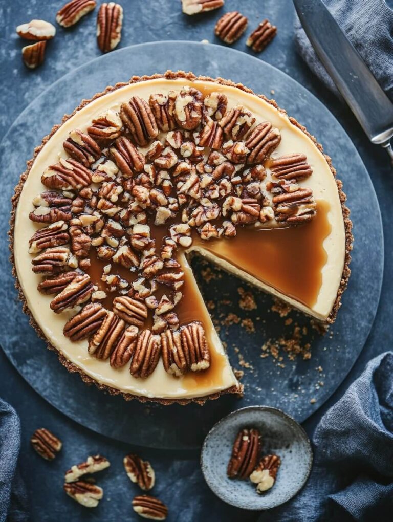 overhead view of pecan pie cheesecake with caramel and pecans