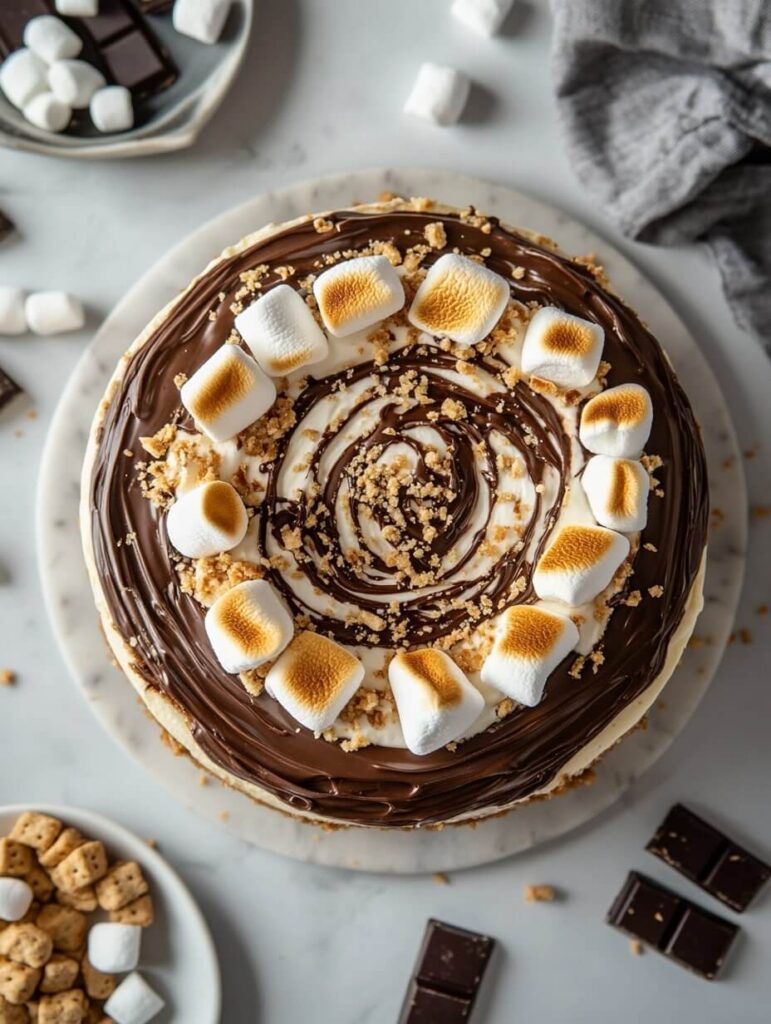 overhead view of s'mores cheesecake with toasted marshmallows