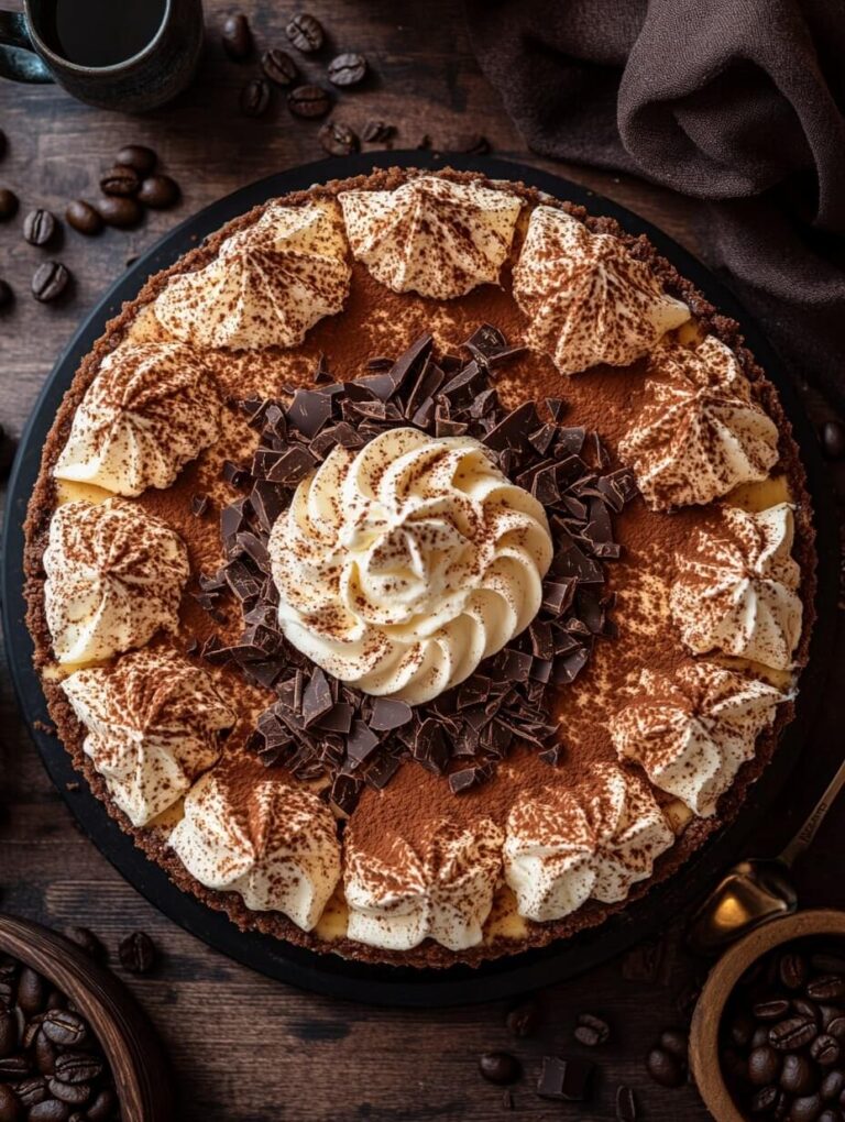 overhead view of tiramisu cheesecake with decorative whipped cream