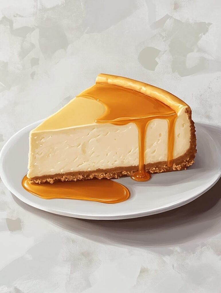 single slice of cheesecake with caramel sauce on a dessert plate