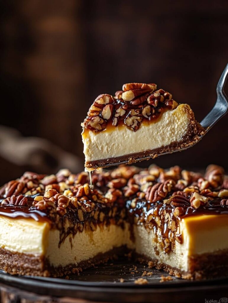 slice of pecan pie cheesecake being served