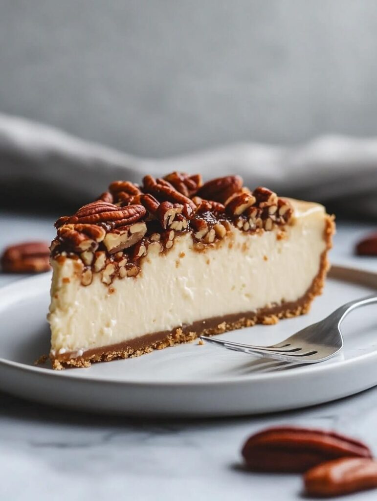 slice of pecan pie cheesecake with caramelized topping