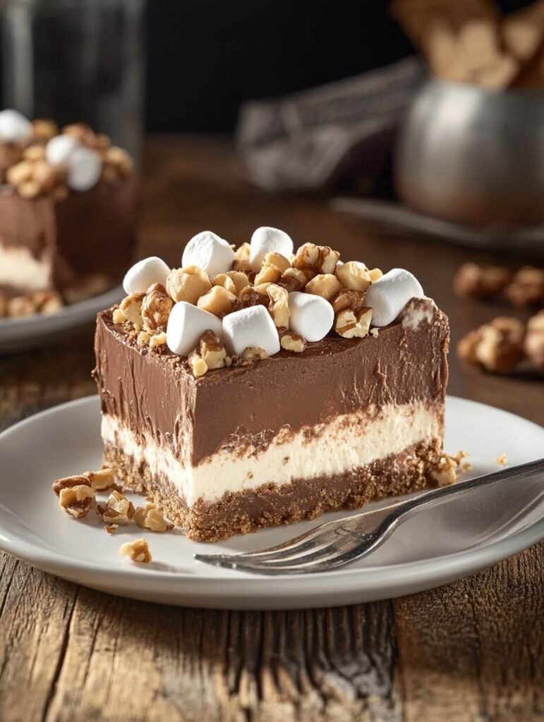 slice of rocky road cheesecake with marshmallows and nuts