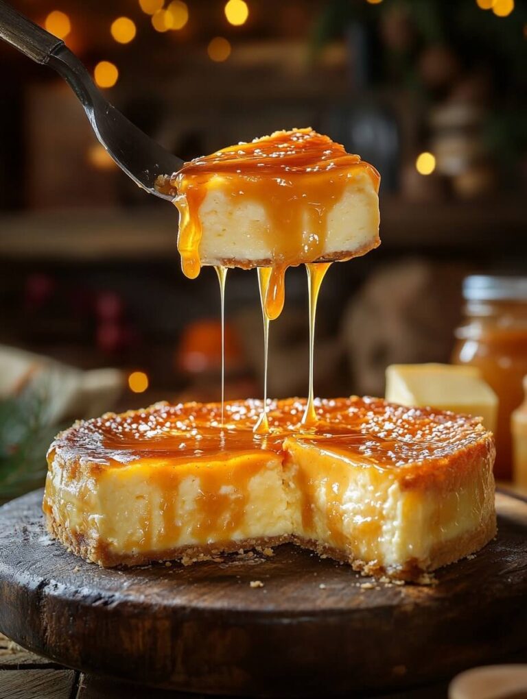 slice of salted caramel cheesecake being lifted with caramel drizzle