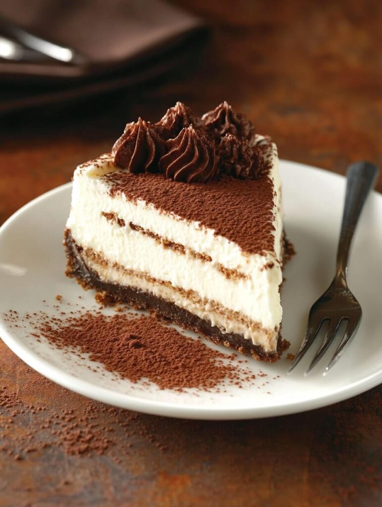 slice of tiramisu cheesecake with chocolate cream topping