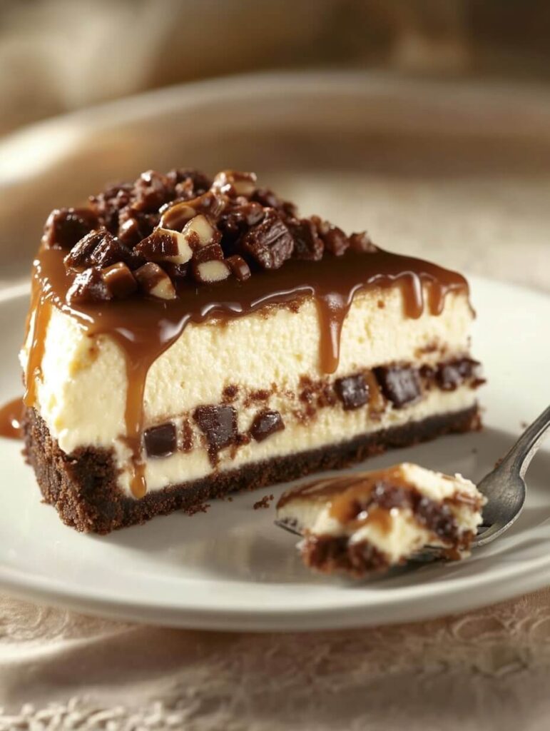 turtle cheesecake slice with chocolate chunks