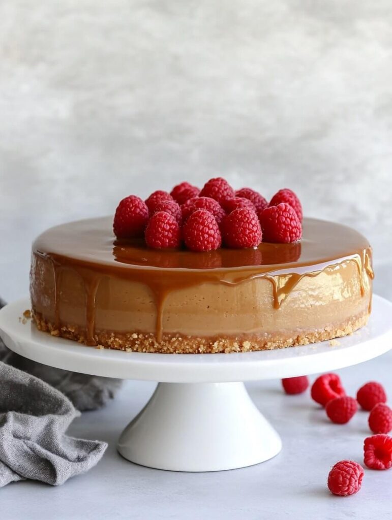 whole caramel cheesecake with raspberries